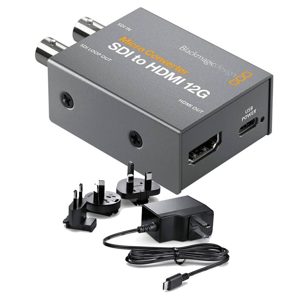 Blackmagic Design SDI to HDMI 12G Micro Converter with power supply showing compact video converter device with cables – image 1