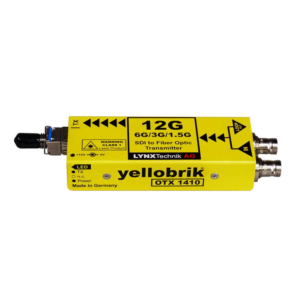 LYNX Technik yellobrik 12G-SDI to fiber optic transmitter with Fiber ST connector for professional video production equipment. – image 1