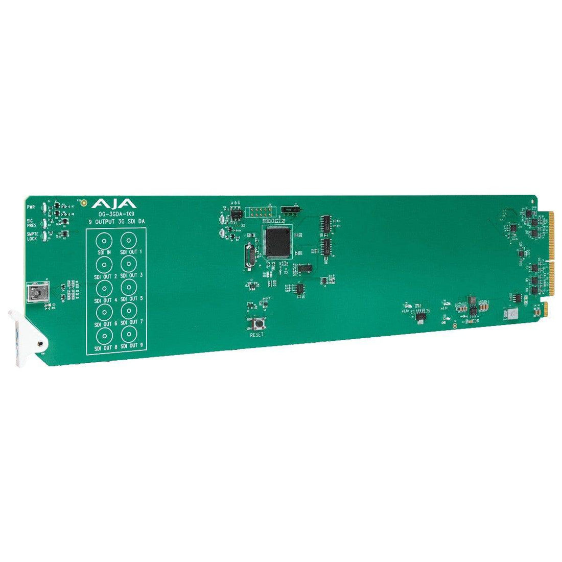 AJA OG-1x9-SDI-DA 3G-SDI openGear distribution amplifier card with nine 3G-SDI output ports on a circuit board. – image 1