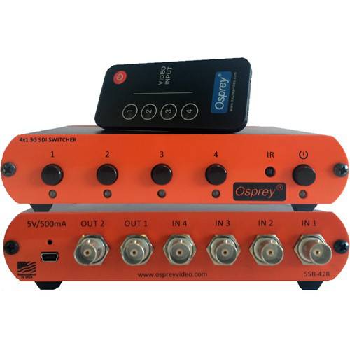 Osprey SSR-42R 4:1 Reclocking Switcher for production equipment, with multiple video input and output ports, black metal casing. – image 1