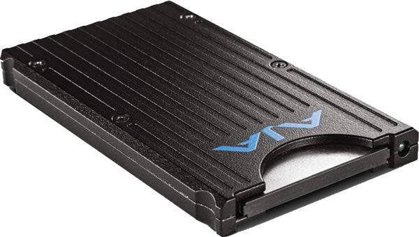 AJA Pak Adapt CFAST storage module showing a compact, black CFAST card with branding and connectors for professional video storage. – image 1