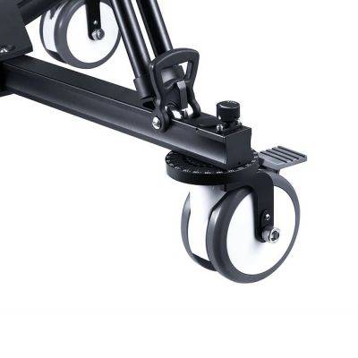 OZEN PED 50 pneumatic video pedestal kit with dolly for smooth camera movement, shown from the bottom angle. – image 2