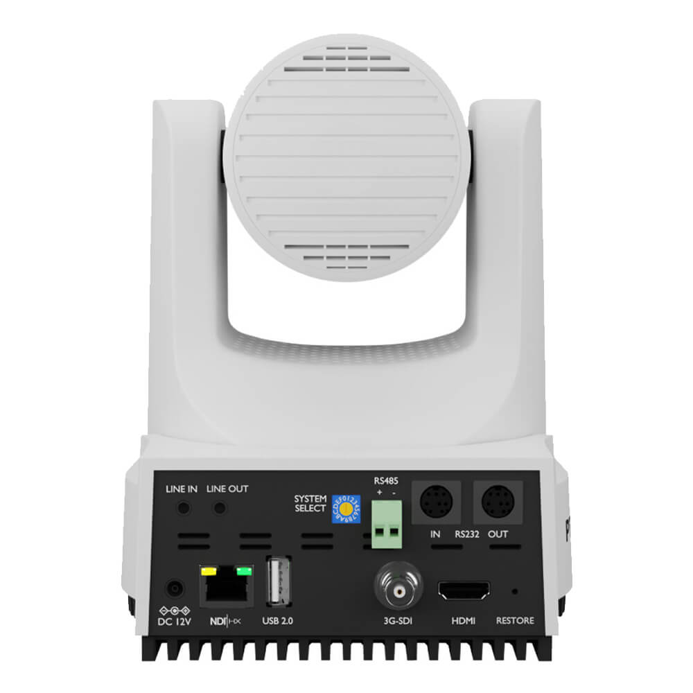 PTZOptics Move 4K PTZ camera with 12x optical zoom, white, rear view showing lens and camera body for live streaming and video conferencing. – image 2