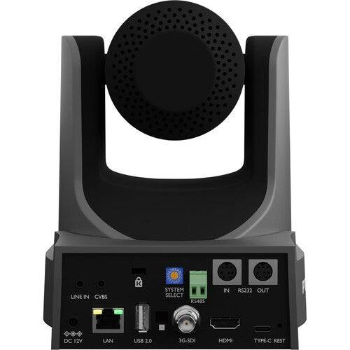 Gray PTZOptics Move SE 30x zoom PTZ camera with adjustable pan, tilt, and zoom controls, shown from the back. – image 2