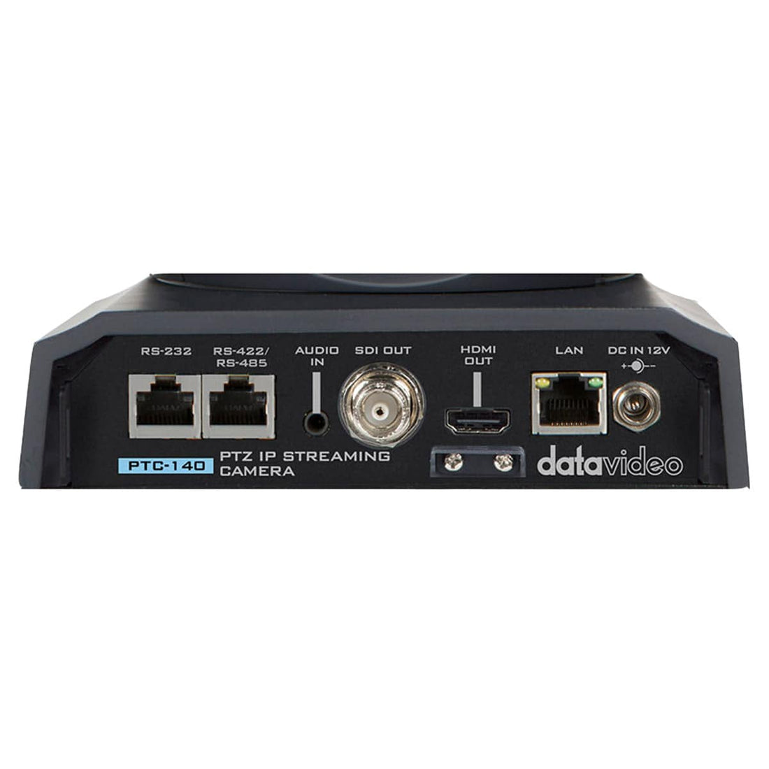 Rear view of Datavideo PTC-140 SDI/HDMI PTZ Camera in white, showing connection ports and camera controls. – image 2