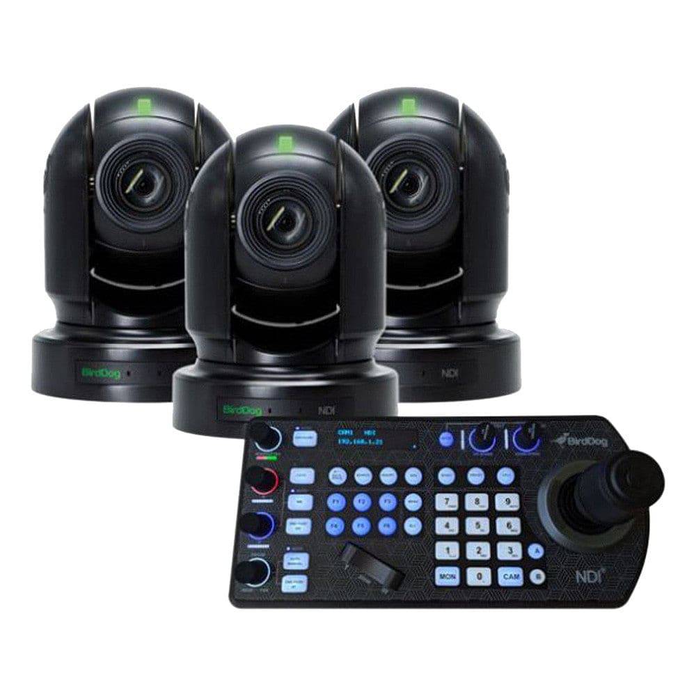 BirdDog 3x P200 NDI PTZ cameras bundle with black controller and PTZ cables, showing the main controller and camera connections. – image 1