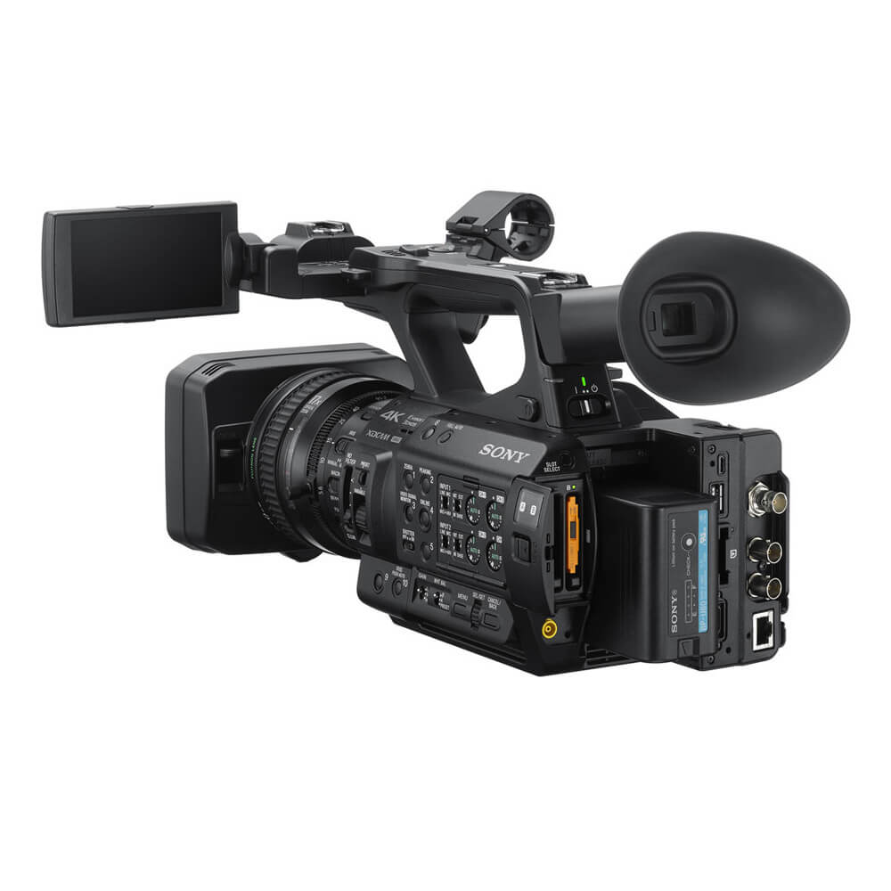 Sony PXW-Z280 4K XDCAM handheld camcorder shown from the back, featuring LCD screen, buttons, and ergonomic design. – image 2