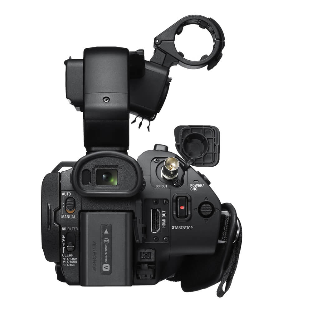 Rear view of Sony PXW-Z90V 4K HDR XDCAM camcorder highlighting its ports, controls, and ergonomic design for professional video recording. – image 3