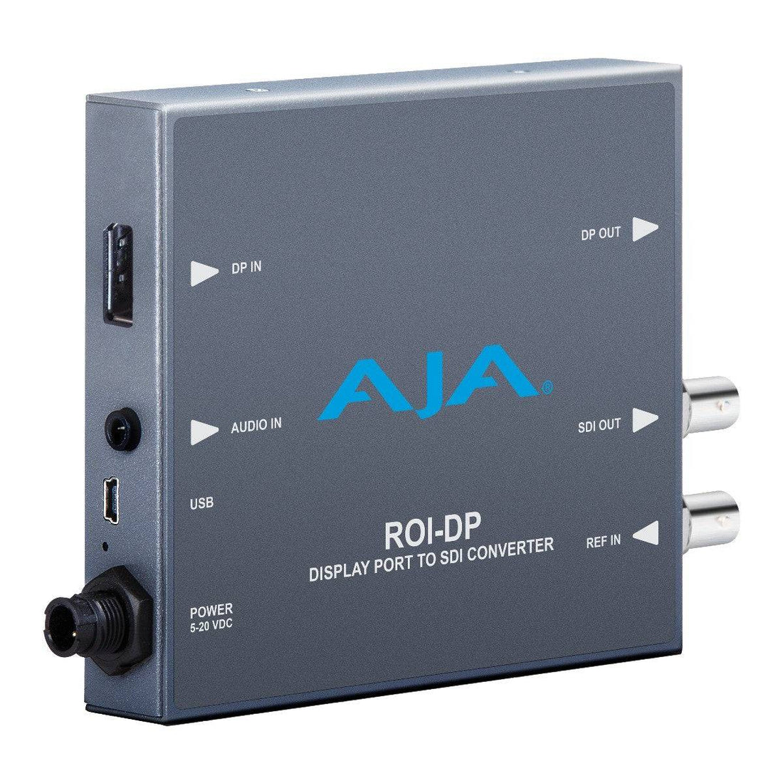 AJA ROI-DP DisplayPort to SDI video converter with ROI scaling feature, showing the device connected to a monitor. – image 1