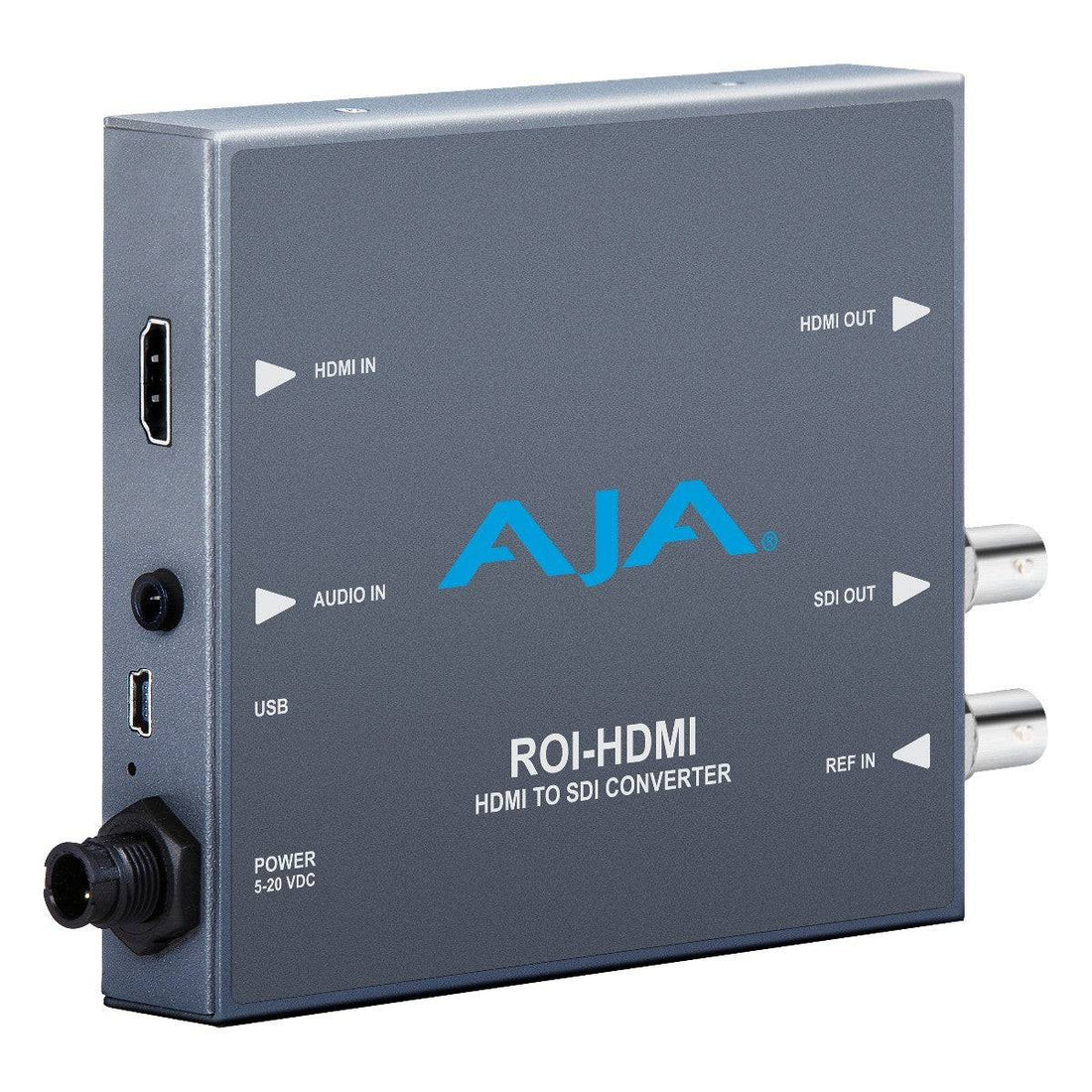 AJA ROI HDMI to SDI scan converter showing HDMI input port and SDI output port on a professional video converter device. – image 1