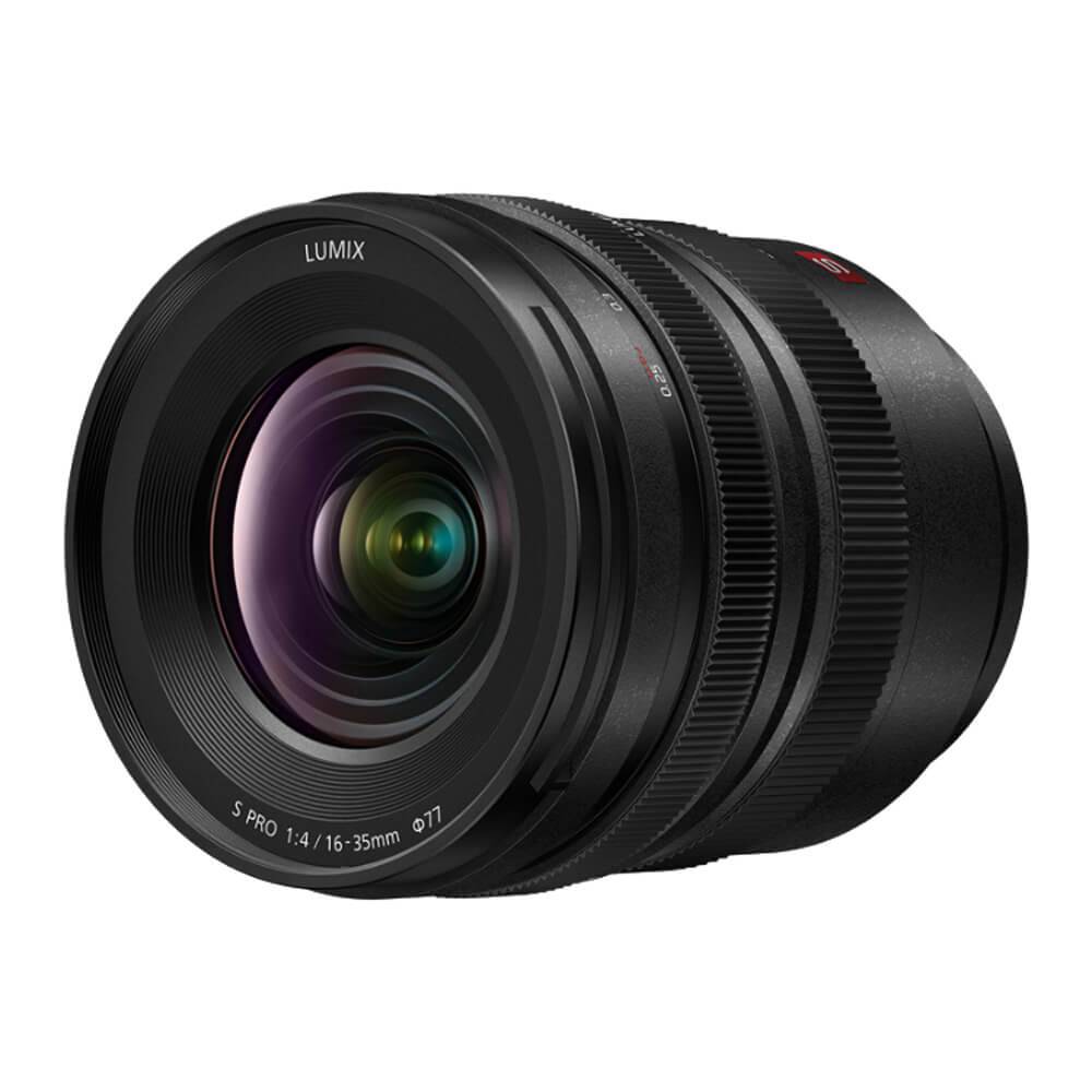 Panasonic Lumix S PRO 16-35mm f/4 lens with focus rings and zoom control, shown from the front angle. – image 1