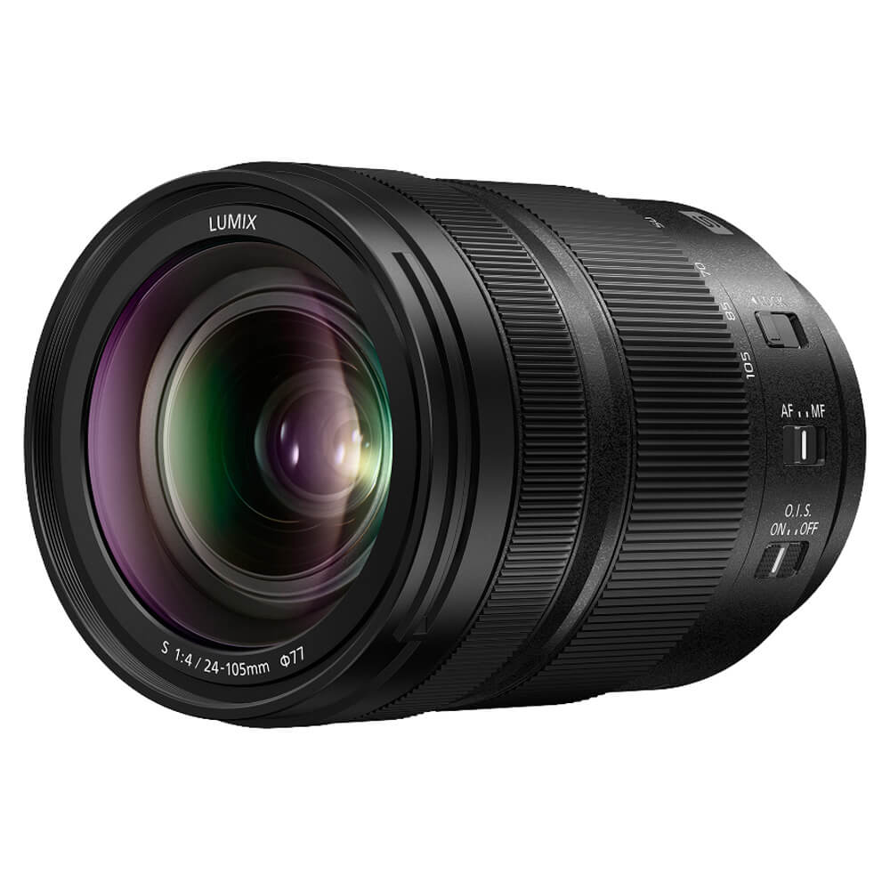 Panasonic Lumix S 24-105mm F/4 Macro O.I.S. lens front view showing zoom and focus rings on a camera lens. – image 1