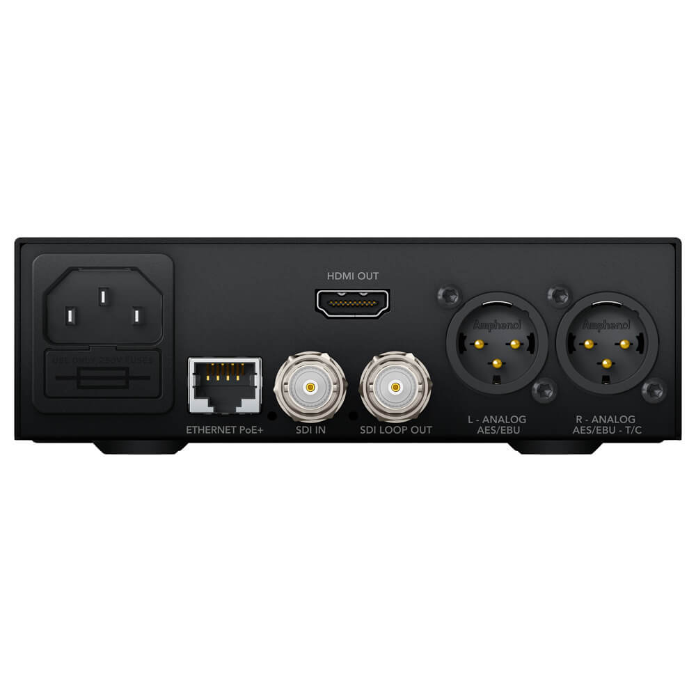 Blackmagic Design Teranex Mini SDI to HDMI 12G Converter back view showing SDI and HDMI ports on a compact video converter device. – image 2