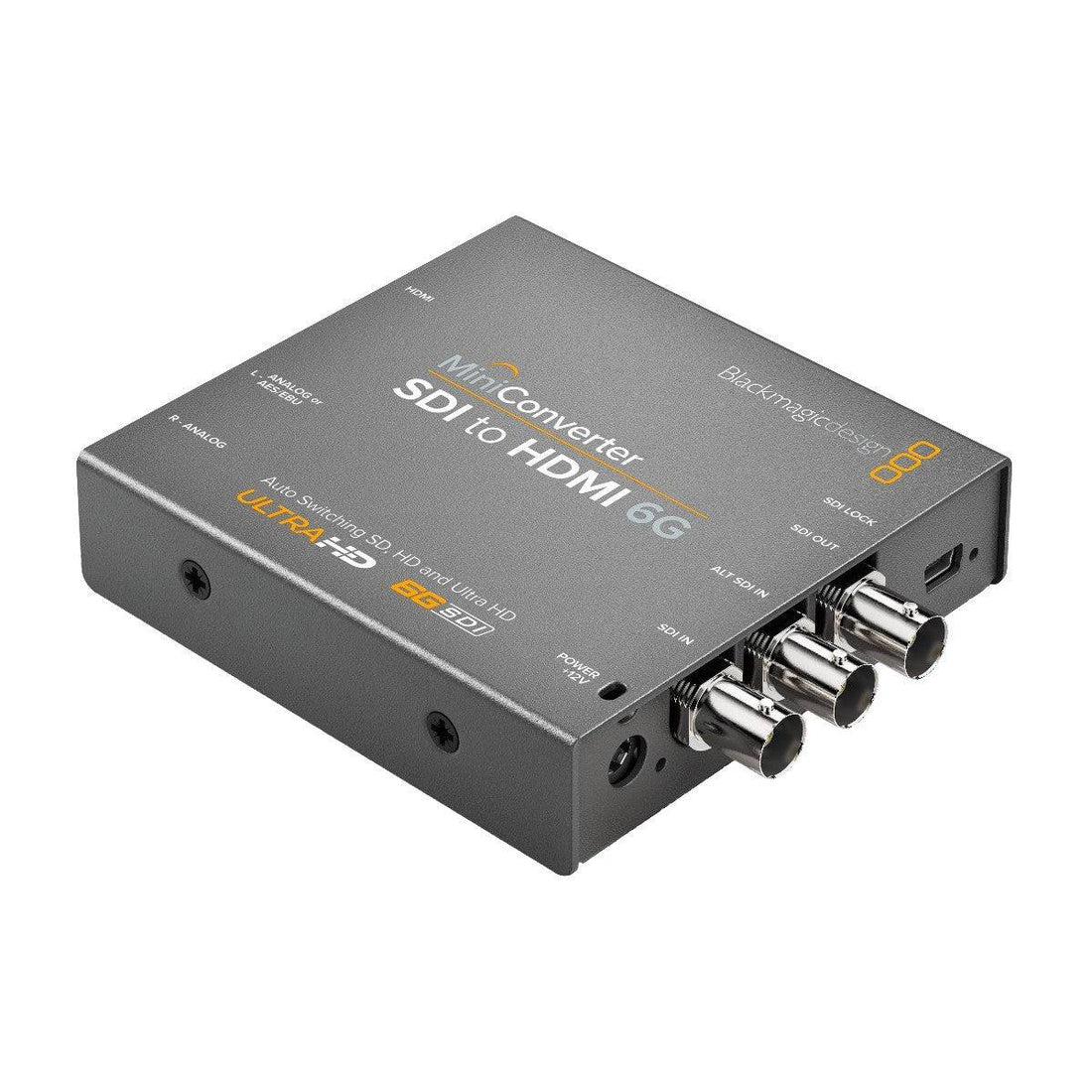 Blackmagic Design SDI to HDMI 6G Mini Converter showing the compact device connected via SDI and HDMI ports on a white background. – image 1