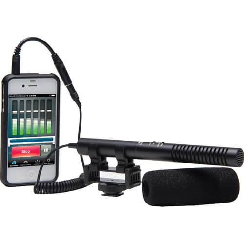 Azden SGM-990+i shotgun microphone for cameras and mobile devices, showing the microphone with its sleek design and mounting clip. – image 1
