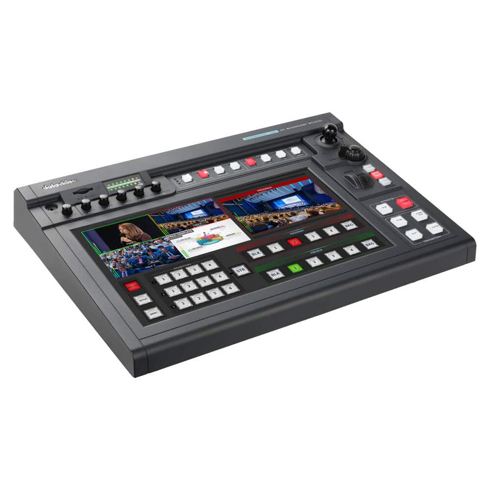 Top view of the Datavideo SHOWCAST 100 4K HDMI video switcher with built-in encoder, featuring multiple HDMI ports and control buttons. – image 1