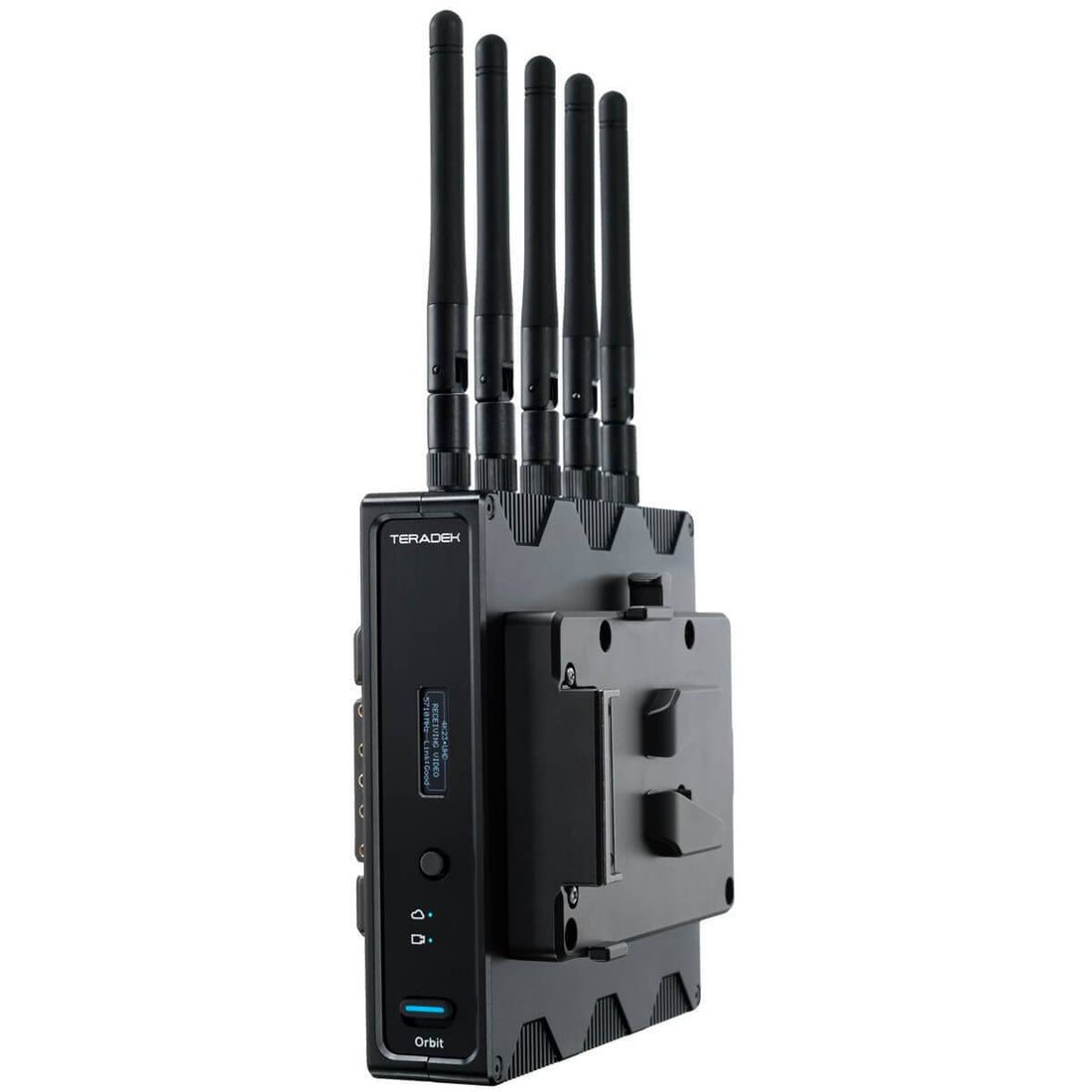 Teradek Orbit PTZ HD wireless transmission kit with receiver, showing the white device and connection ports for production setup. – image 3