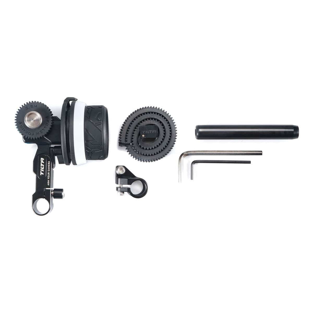 Tilta Mini Follow Focus for video cameras, compact and precise focus control device by Tilta, shown on a camera setup. – image 3