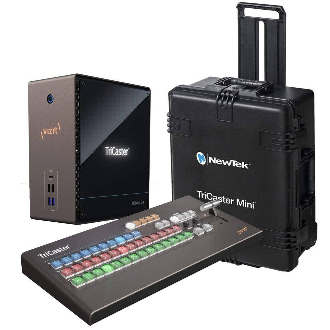 Vizrt TriCaster Mini Go video switcher with mini control surface and carrying case for portable live video production. – image 1