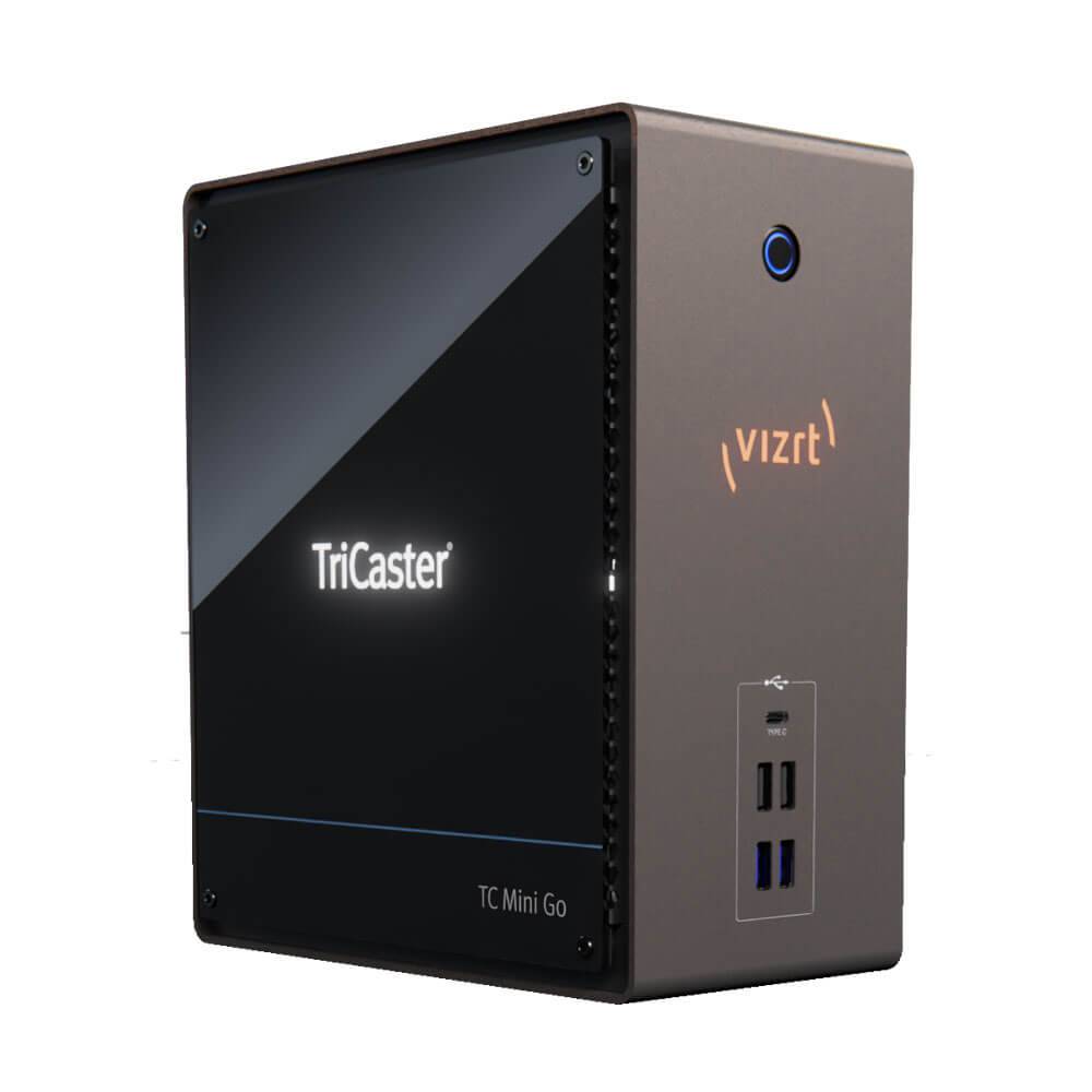 Vizrt TriCaster Mini Go video switcher with mini control surface and carrying case in a compact setup. – image 6