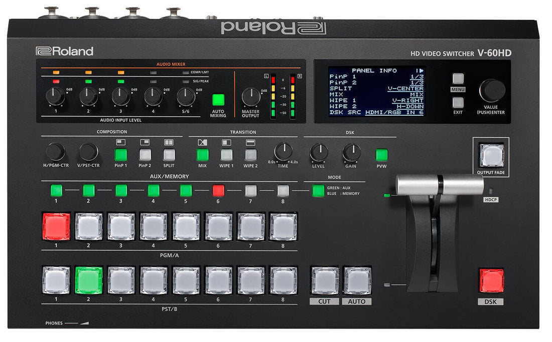 Roland V-60HD Multi-Format HD Video Switcher with control panel and multiple input ports, designed for professional video production. – image 2