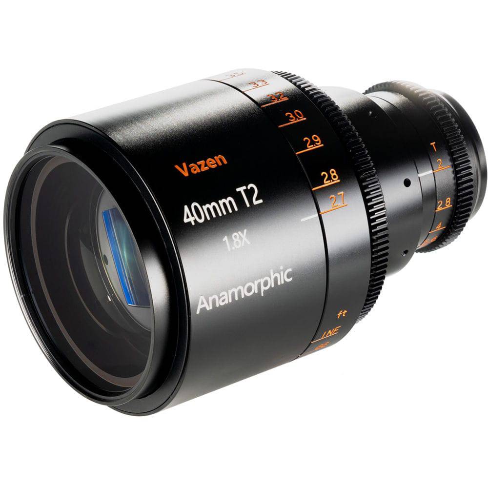 Vazen 28mm T2.2 1.8x Anamorphic Lens for MFT mount, showcasing the lens with focus and aperture rings on a camera setup. – image 2