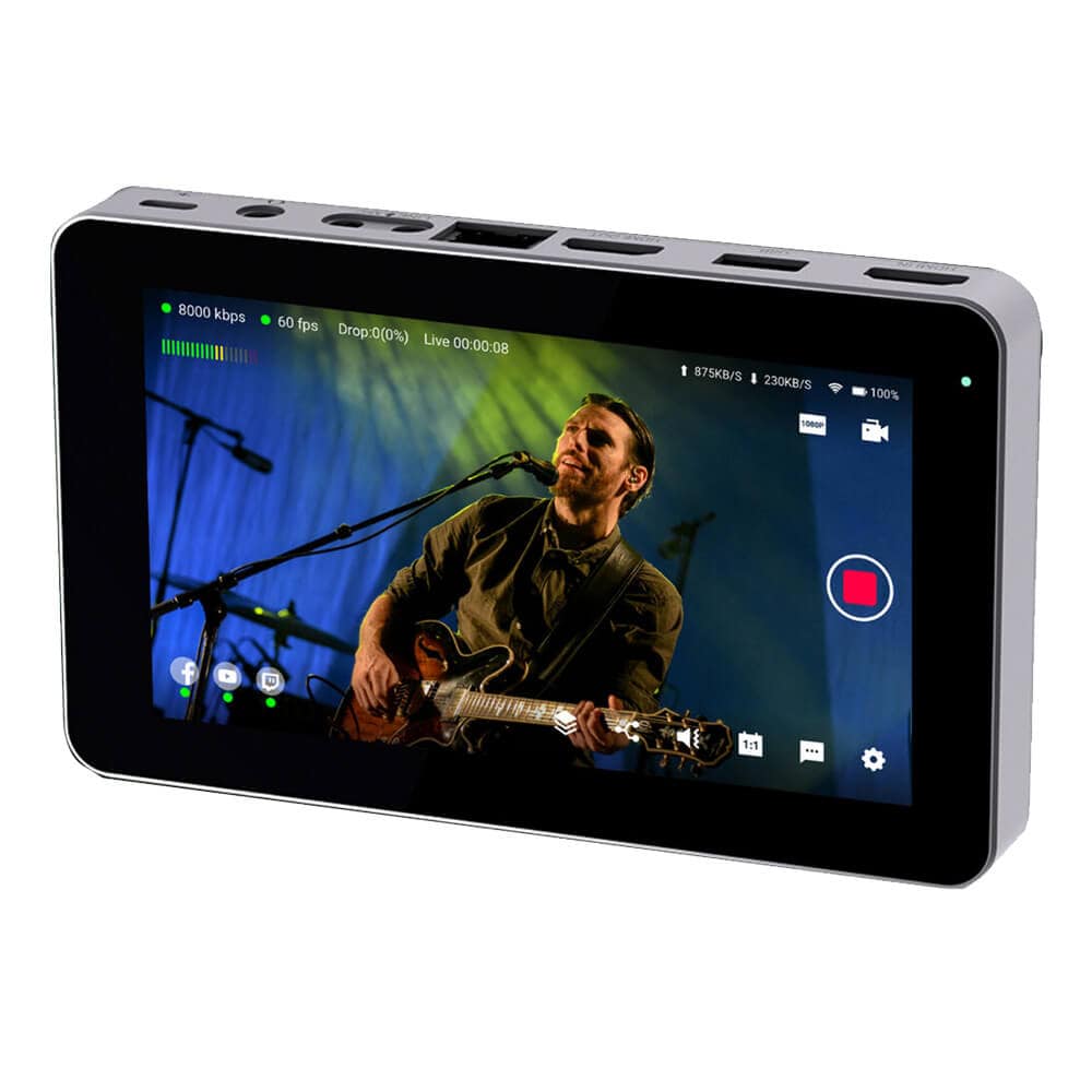 YoloLiv YoloBox Mini portable all-in-one live streaming encoder and monitor viewed from the side, compact production equipment. – image 1