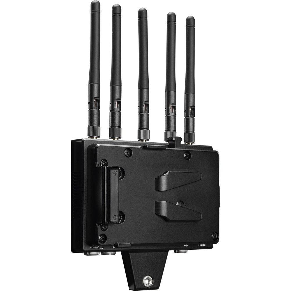 Teradek Bolt 4K RX monitor module for Cine 7 and 702 V-mount production equipment, shown attached to a camera rig. – image 1