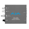 AJA 12G-SDI 4-channel audio embedder/disembedder with single ST fiber receiver, shown with connected SDI and fiber cables.