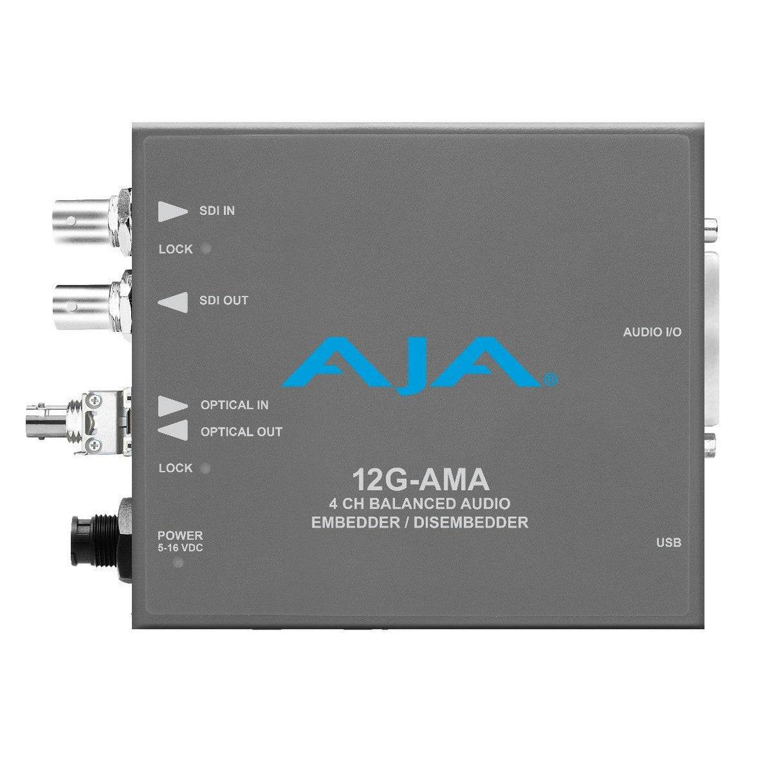 AJA 12G-SDI 4-channel audio embedder/disembedder with single ST fiber receiver, shown with connected SDI and fiber cables. – image 1