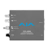 AJA 12G-SDI 4-channel analog audio embedder/disembedder with ST fiber transmitter, shown with connections and fiber port.