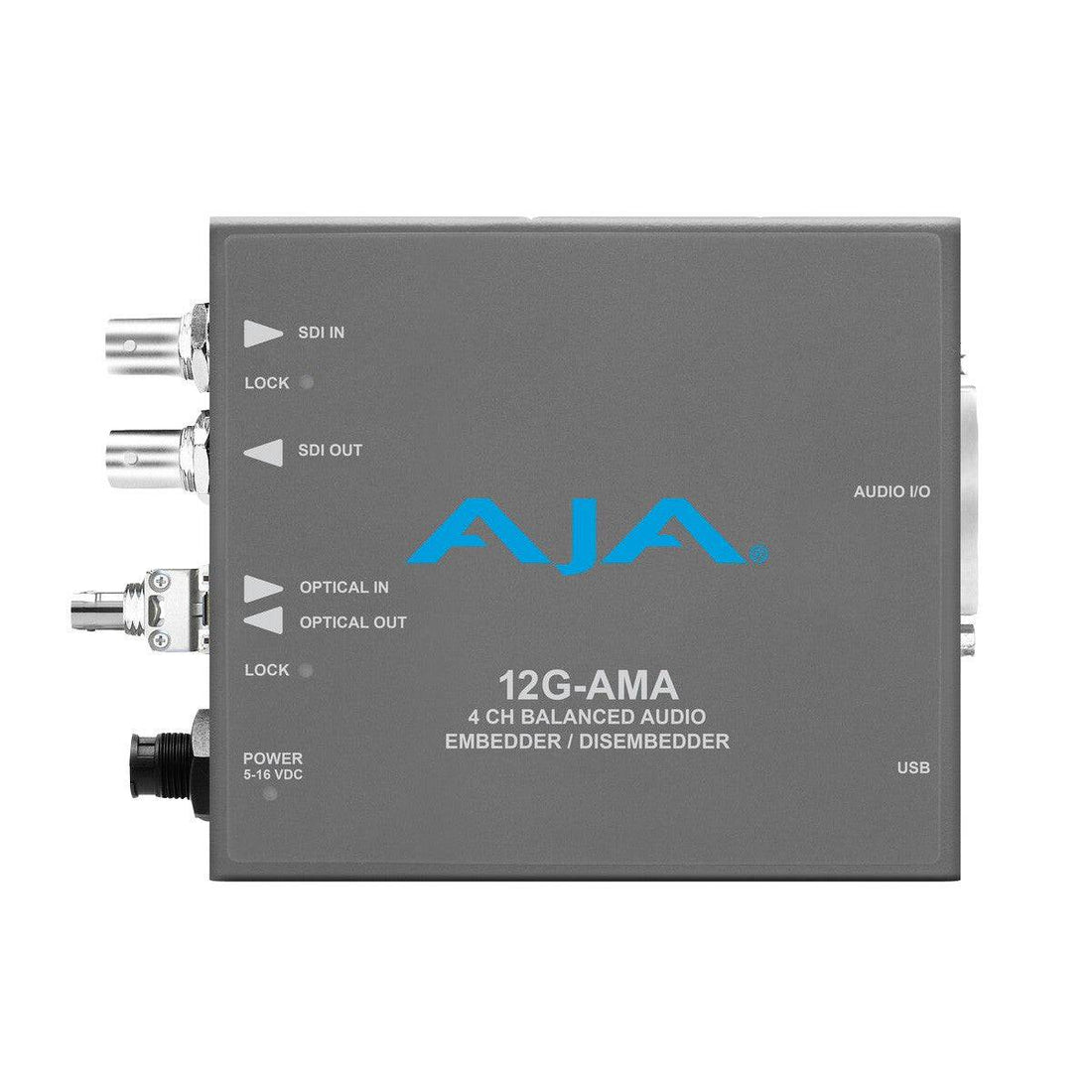 AJA 12G-SDI 4-channel analog audio embedder/disembedder with ST fiber transmitter, shown with connections and fiber port. – image 1