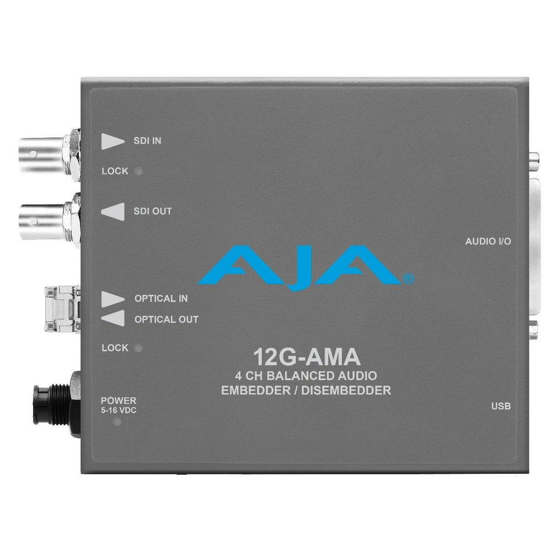 AJA 12G-AMA-TR 4-channel audio embedder/disembedder fiber transceiver for video conversion, with various input and output ports. – image 1
