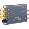 AJA 12GDA 12G-SDI 1x6 Reclocking Distribution Amplifier showing the compact black device with multiple SDI output ports.