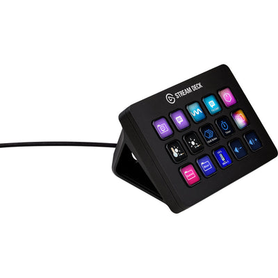 Black Stream Deck with colorful buttons on a white background