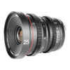 Meike 25mm T2.2 manual focus cinema lens with Fujifilm X mount, showcasing sleek design and lens elements.