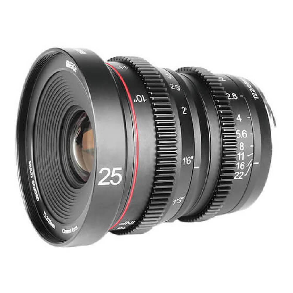 Meike 25mm T2.2 manual focus cinema lens with Fujifilm X mount, showcasing sleek design and lens elements. – image 3
