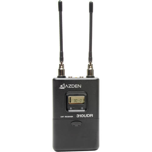 Azden 310UDR wireless camera-mount receiver showing front view with controls and display for professional video audio setup. – image 1