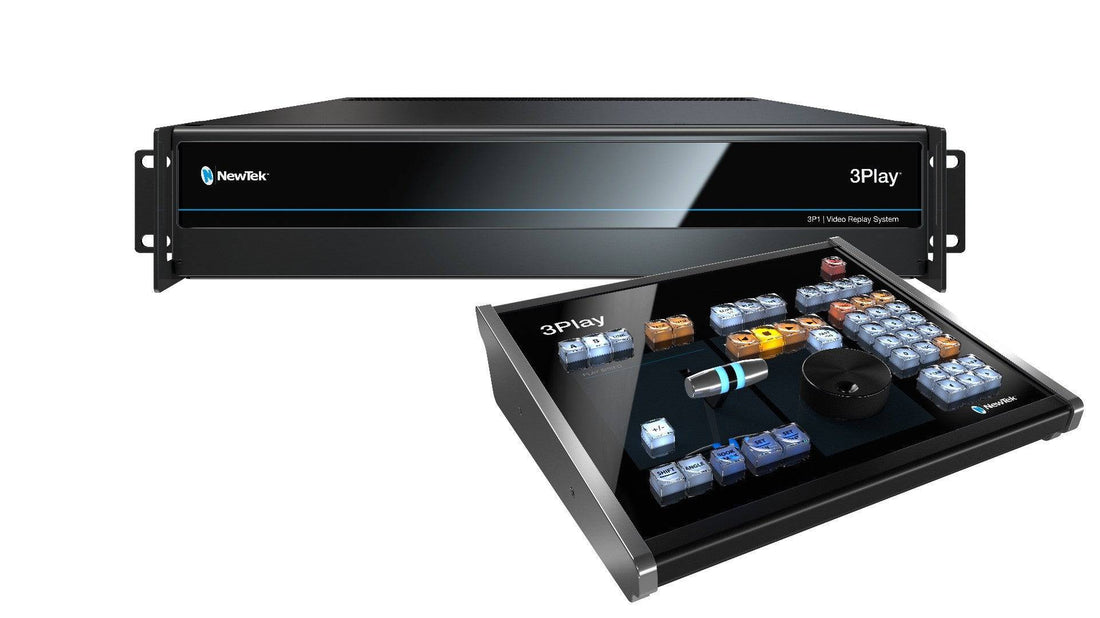 Vizrt 3Play 3P1 IP Video Replay System with control surface, 2RU rack-mounted unit with transparent cover and control interface. – image 1