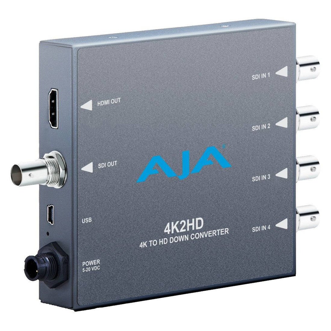 AJA 4K2HD 4K/UHD to HD-SDI and HDMI video converter showing the device with input and output ports on a white background. – image 1