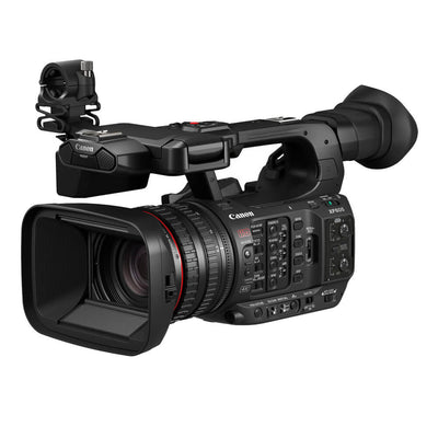 Canon XF605 UHD 4K HDR Pro camcorder with professional lens and ergonomic design, suitable for high-quality video recording.