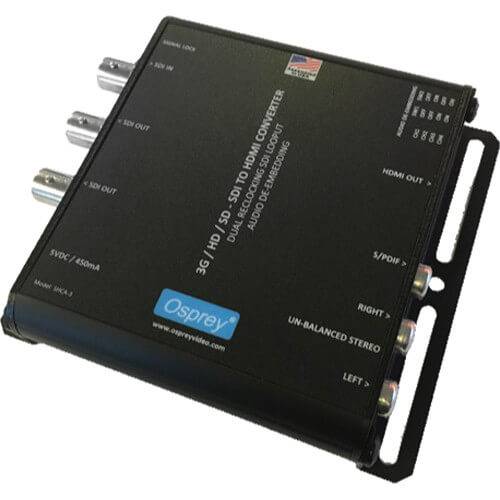 Osprey Video SHCA-3 3G-SDI to HDMI converter with audio de-embedding and SDI loop-through, used in professional video production. – image 1