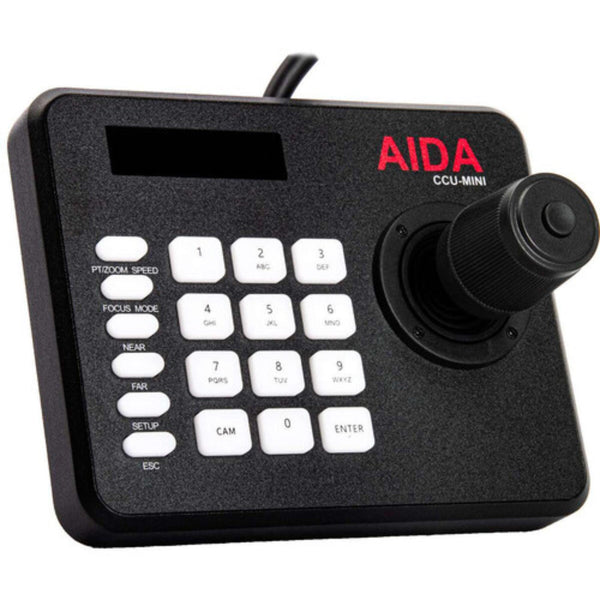 AIDA Imaging Compact VISCA Serial and IP PTZ camera controller with front view showing buttons and connection ports. – image 1