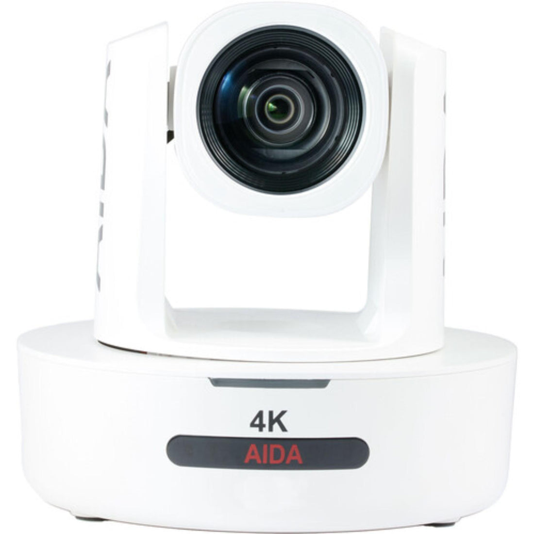 AIDA Imaging 4K NDI|HX PTZ camera with white finish, front view showing 12x optical zoom for conference video capture. – image 1
