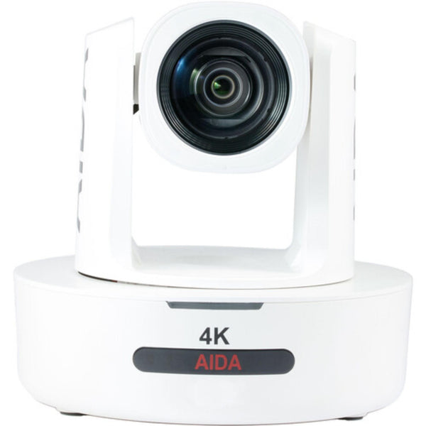 AIDA Imaging 4K NDI|HX PTZ camera with white finish, front view showing 12x optical zoom for conference video capture. – image 1