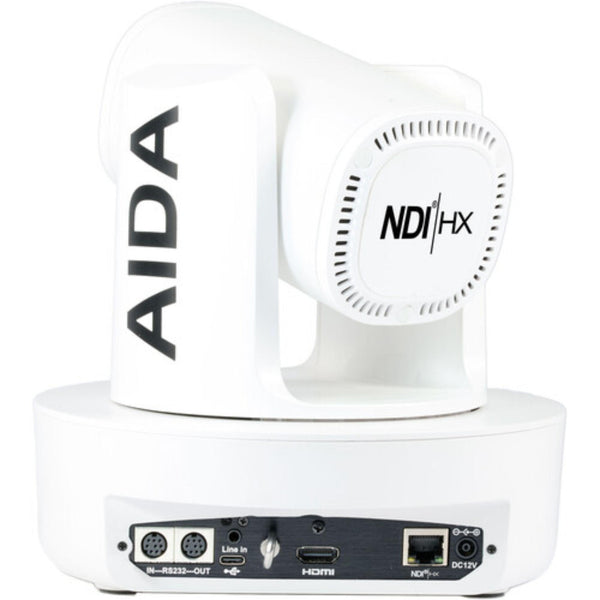 Rear view of AIDA Imaging 4K NDI|HX PTZ camera with 12x optical zoom, white color, designed for conference and live streaming. – image 3