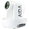 AIDA Imaging 4K NDI|HX PTZ camera with white finish, 12x optical zoom, side view showing lens and camera body.