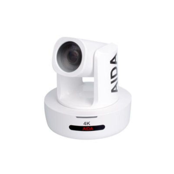 AIDA Imaging 4K NDI HX PTZ camera with 30x optical zoom, white front view, suitable for broadcast and live streaming.