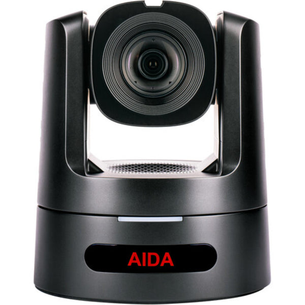 AIDA Imaging 4K NDI|HX3 PTZ camera with 30x optical zoom, 12G-SDI, SFP+ port, black color, front view for broadcast and conference use. – image 1