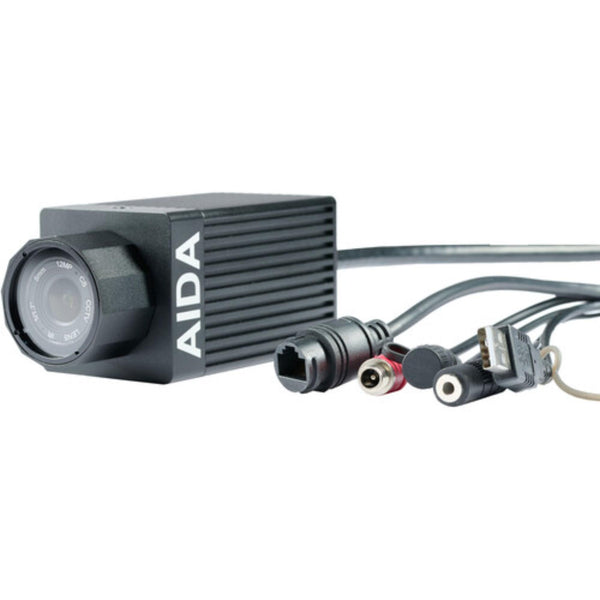 AIDA Imaging UHD 4K/60 NDI®|HX3/IP/SRT PoE weatherproof POV camera with front view and attached cables.